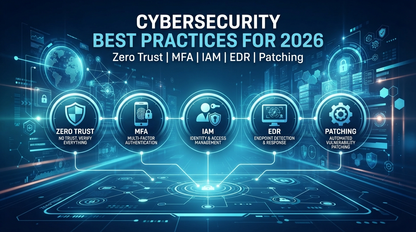 Cybersecurity best practices for 2026 emphasize zero trust, MFA, IAM, EDR, and patching