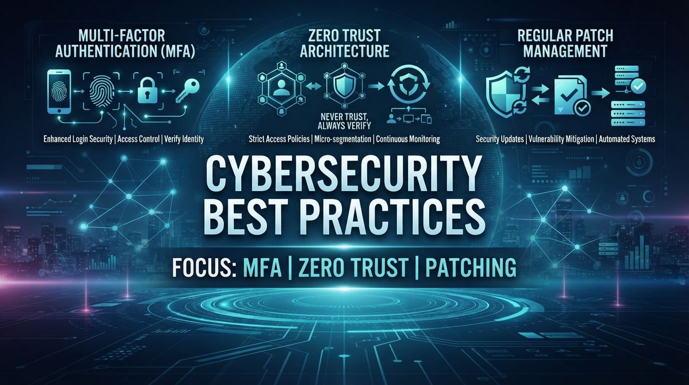 Cybersecurity best practices center on MFA, zero trust, and patching