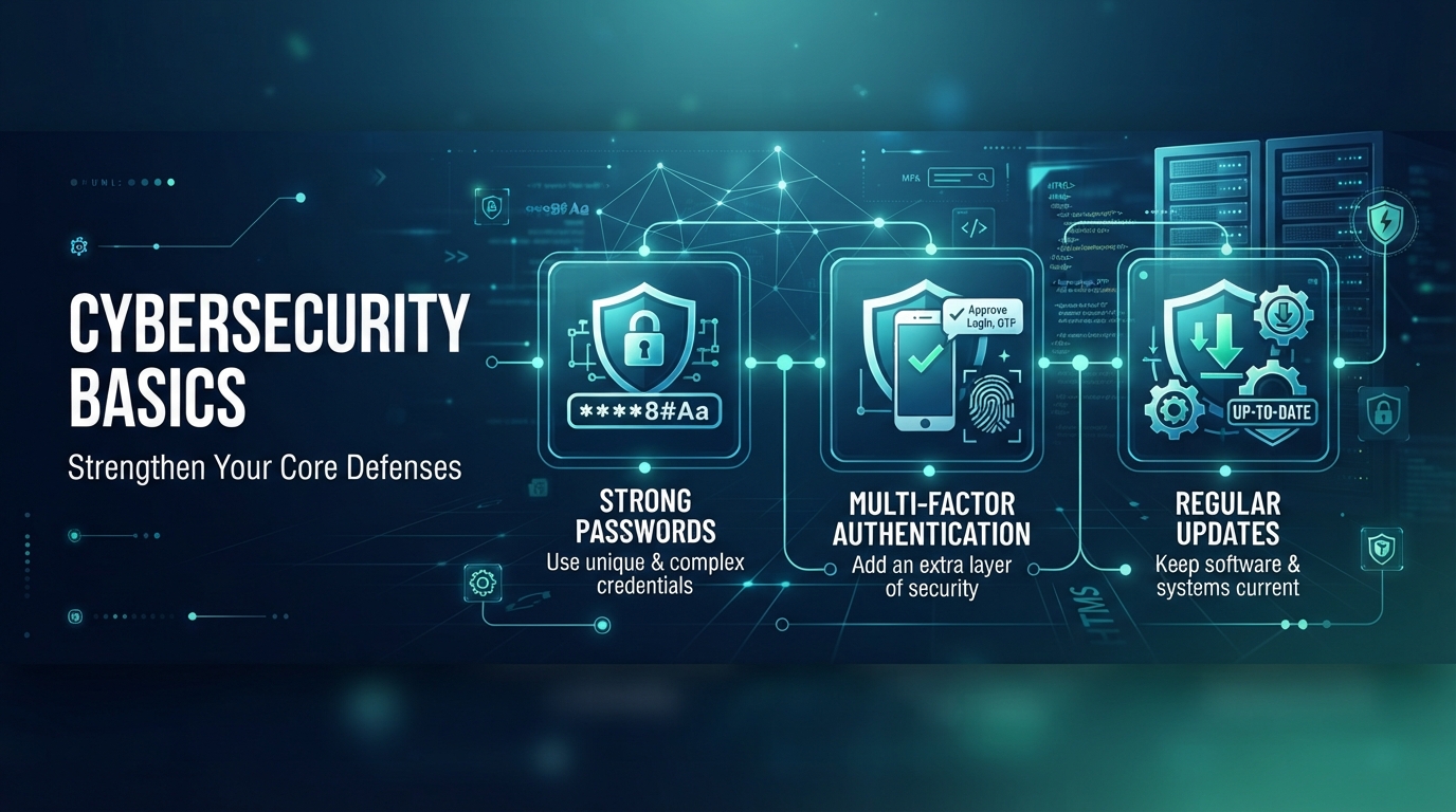 Cybersecurity basics: strong passwords, MFA, and regular updates remain core defenses