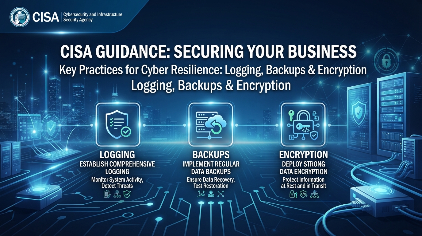 CISA guidance for businesses emphasizes logging, backups, and encryption