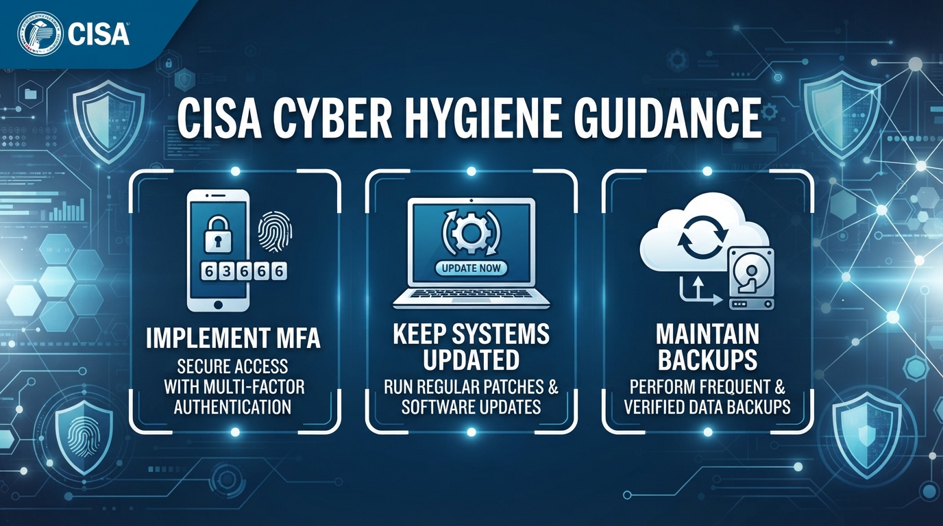 CISA cyber hygiene guidance emphasizes MFA, updates, and backups
