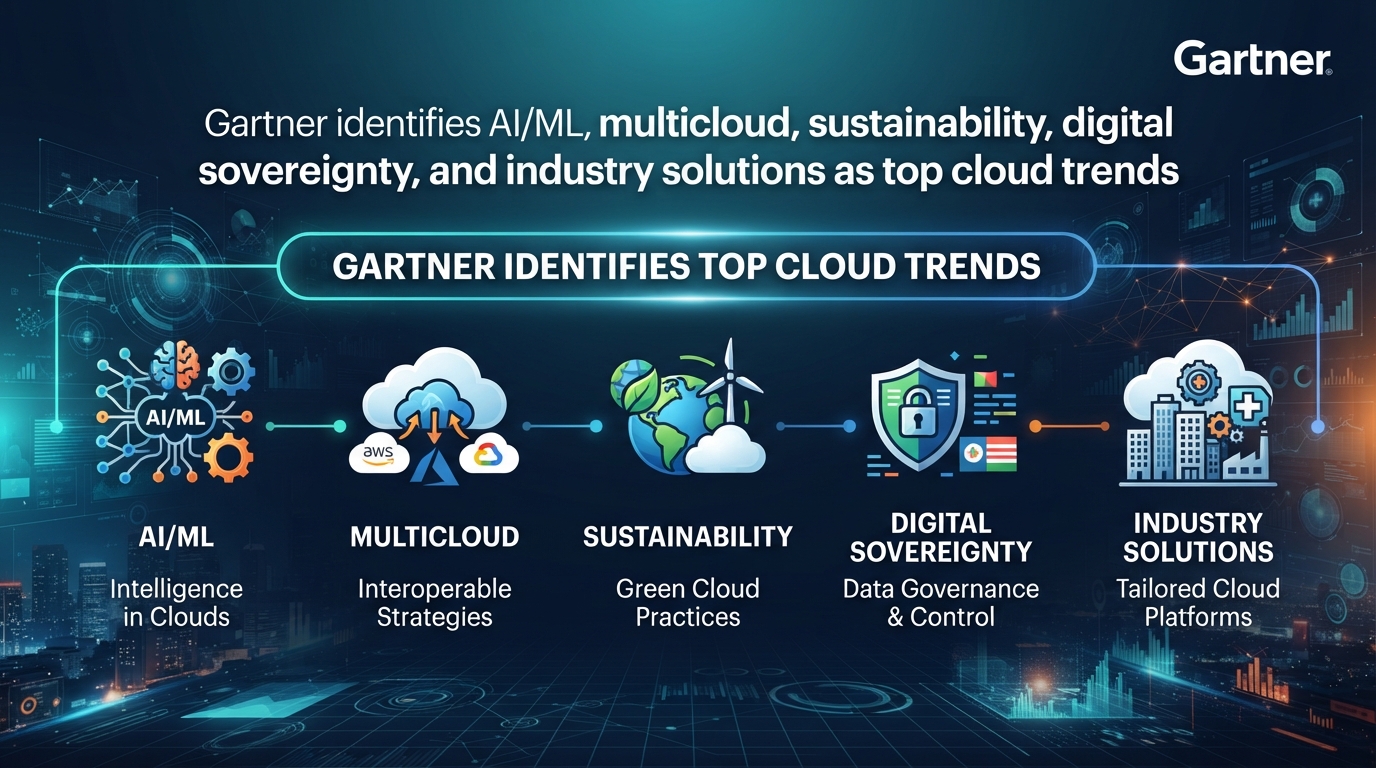 Gartner identifies **AI/ML, multicloud, sustainability, digital sovereignty, and industry solutions** as top cloud trends