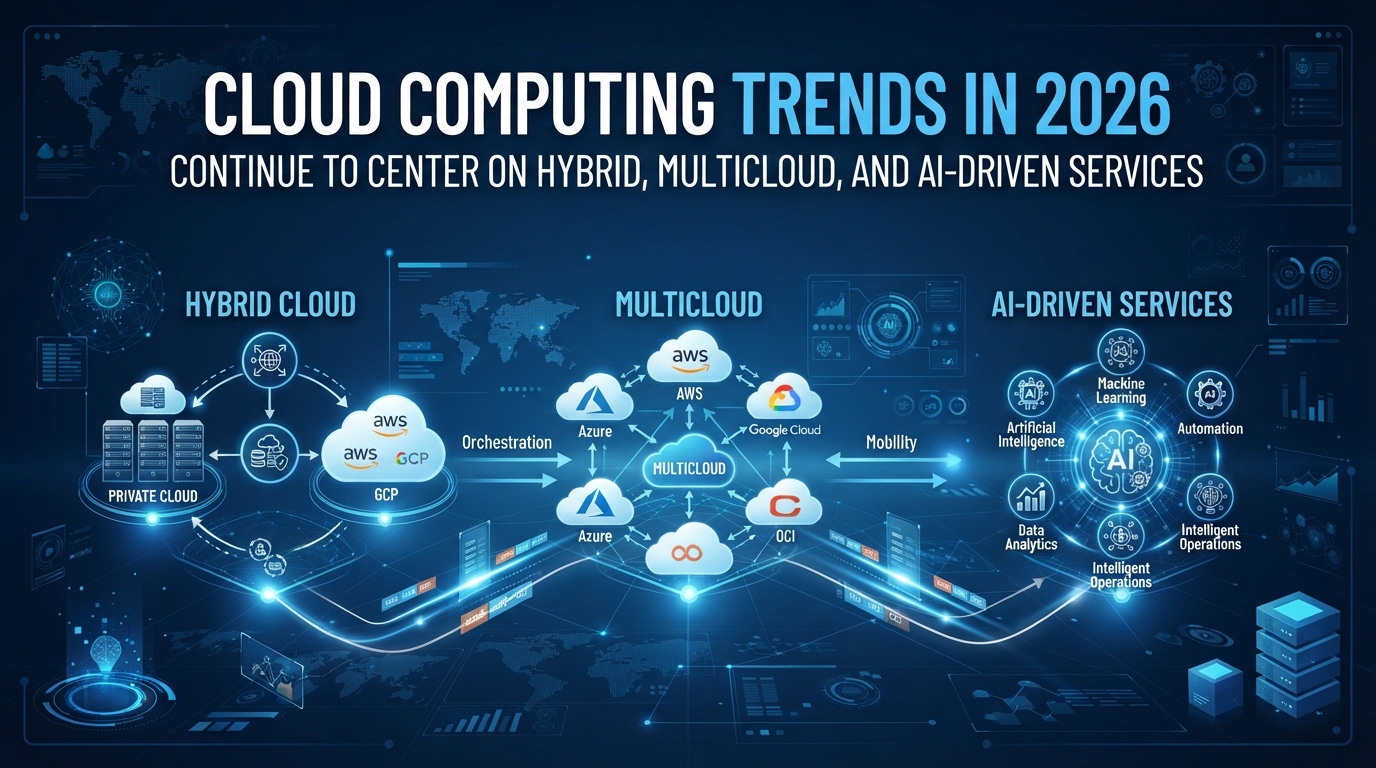 Cloud computing trends in 2026 continue to center on hybrid, multicloud, and AI-driven services